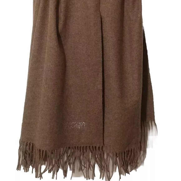 Moschino Brown Lambswool Fringe Wrap Scarf Crystal Embossed Logo Brand Italy - Picture 2 of 5